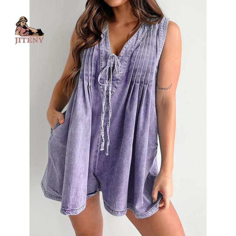 Women's Demin Tank Top Jumpsuit Loose Pleated Tie Front V Neck Sleeveless Shorts Romper with Pockets for Summer Lady Polyester Womenswear Overalls